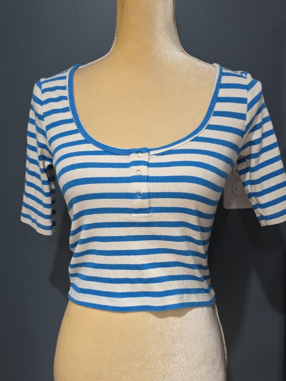 MNG Blue & White Striped Scoop-Neck Crop Top Sz S